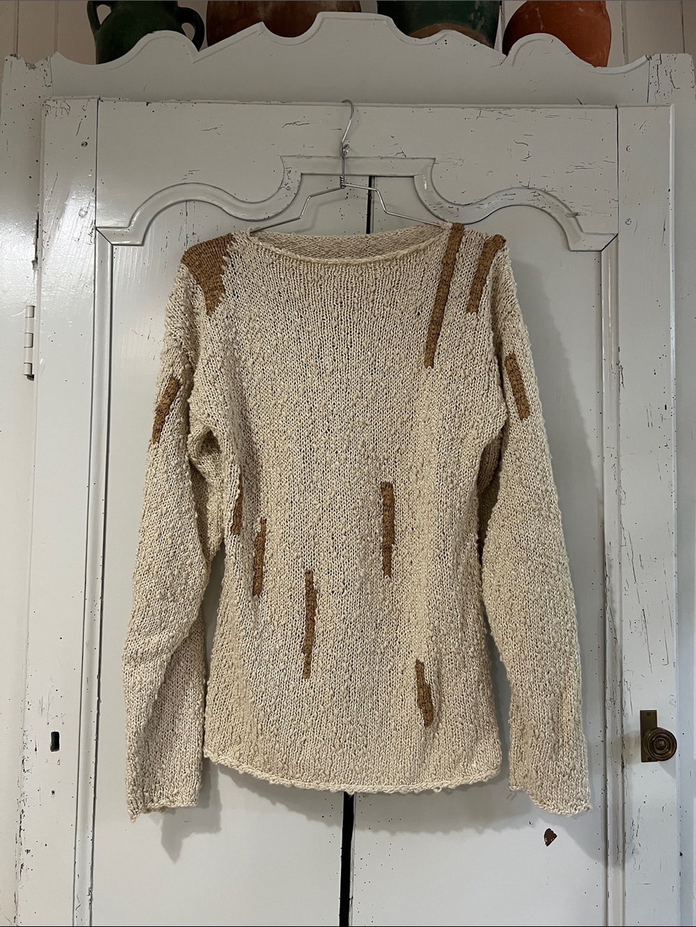 Vintage Cream & Ochre Boatneck Knit Fisherman Slouchy Oversized Sweater